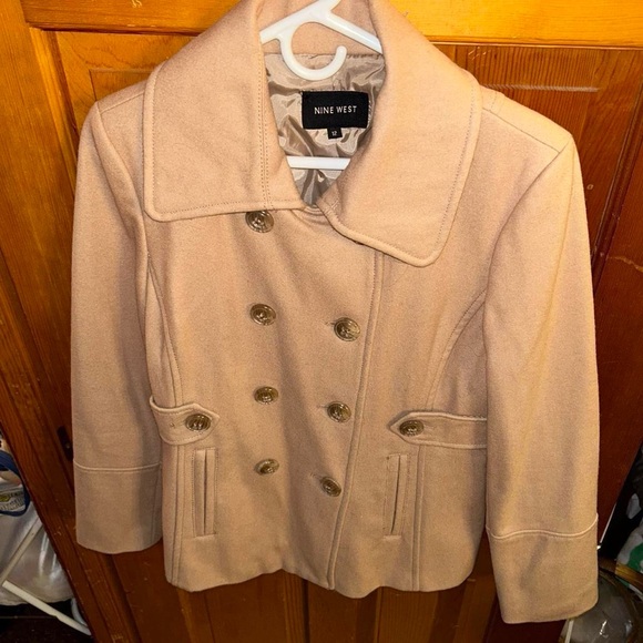 NWOT Nine West Peacoat Sz 12 Tan Wool Blend Double Breasted - Picture 4 of 6